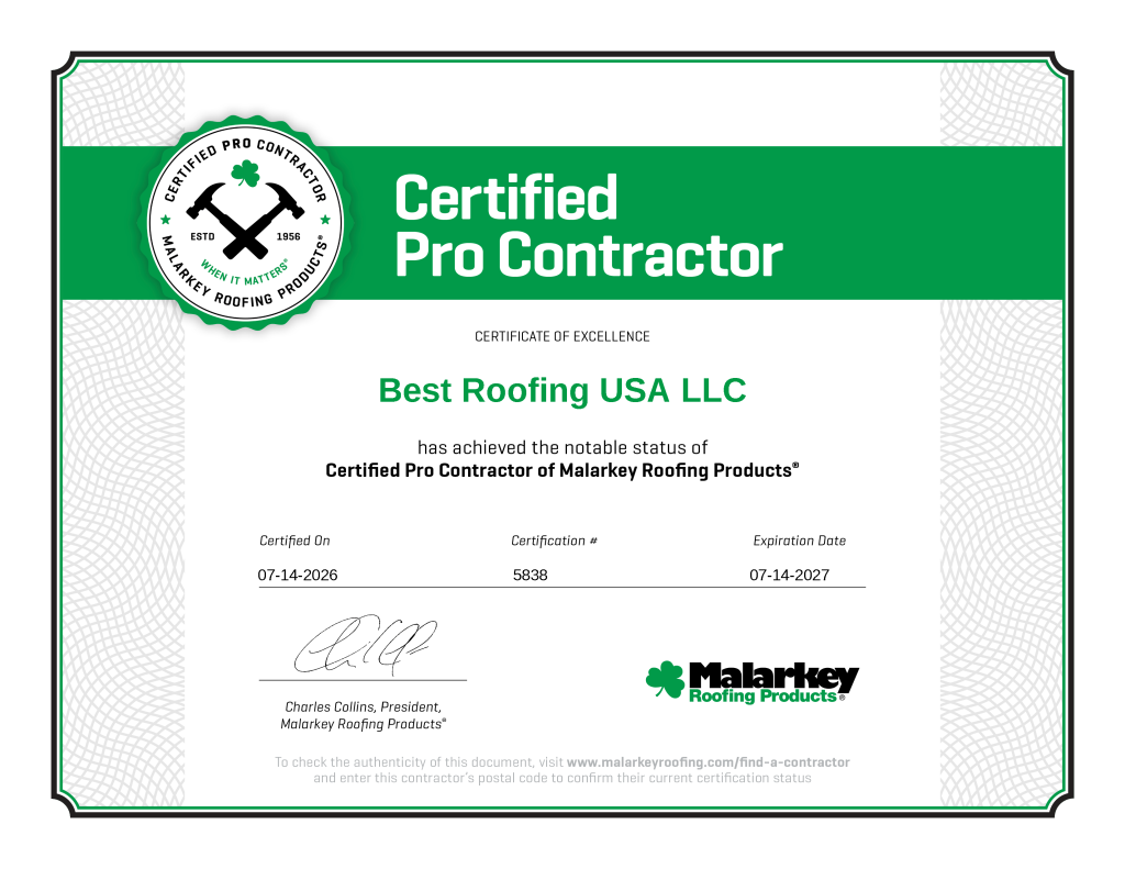 Malarkey Roofing Products Certified Pro Contractor certificate issued to Best Roofing USA LLC