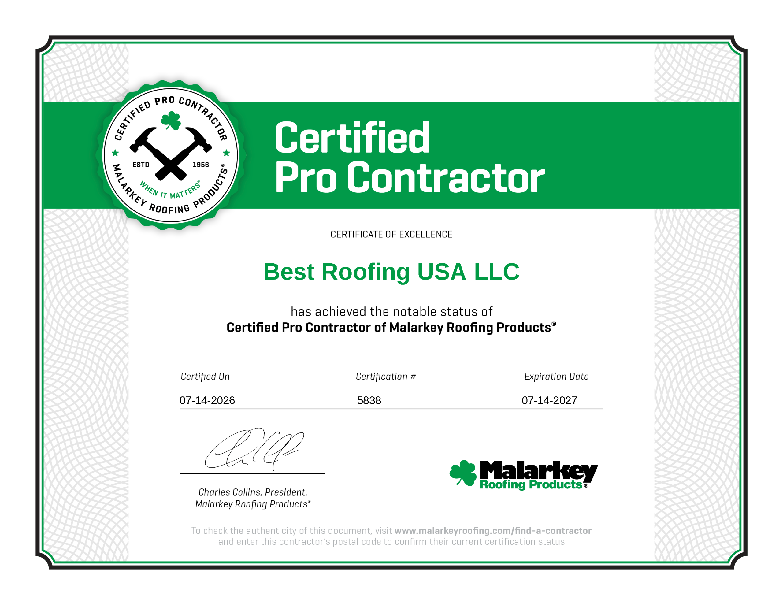 Malarkey Roofing Products Certified Pro Contractor certificate issued to Best Roofing USA LLC
