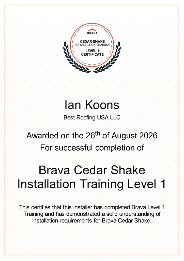 Brava Cedar Shake Installation Training Level 1 certificate awarded to Ian Koons, Best Roofing USA LLC, August 26, 2026